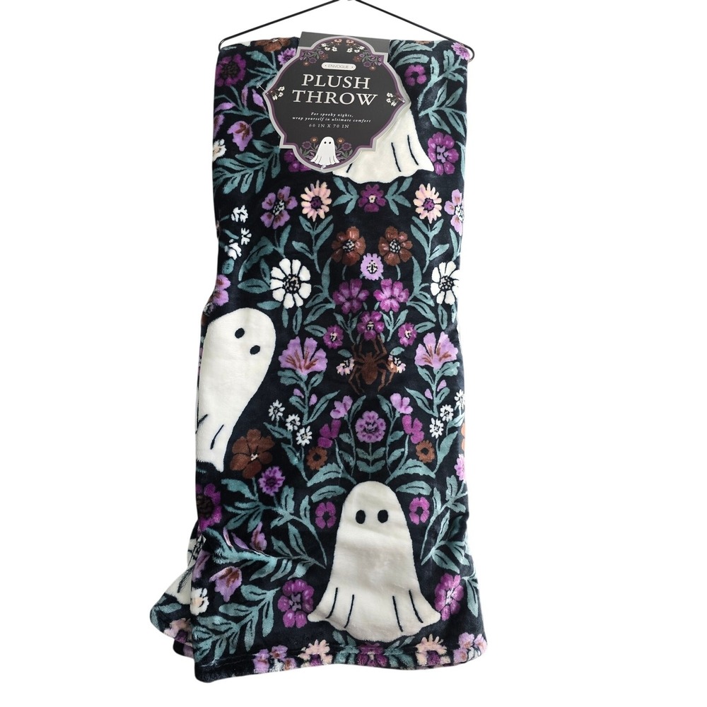 EnVogue Ghost Floral Plush Throw Blanket 60x70 Halloween NWT Cozy